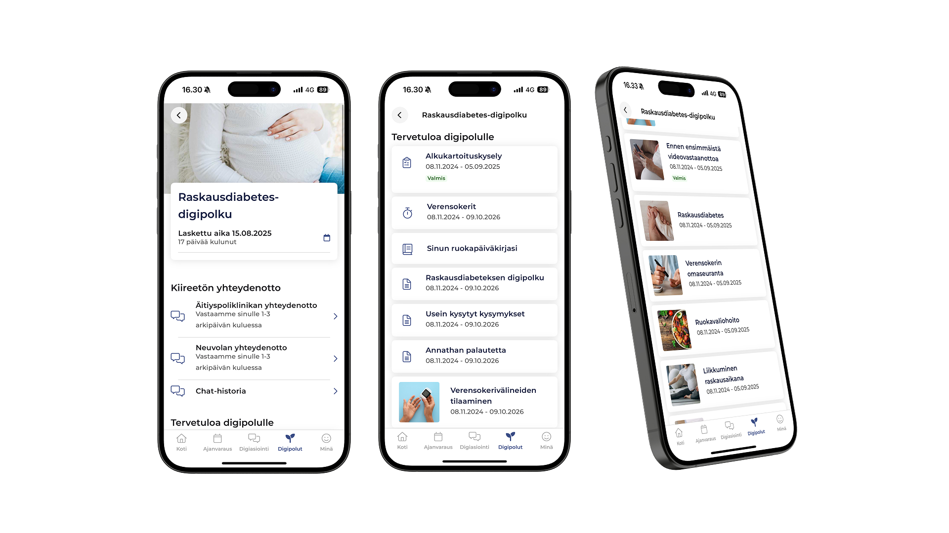 Wellbeing services county of Päijät-Häme's patient application showing the digital care plan for gestational diabetes patients.