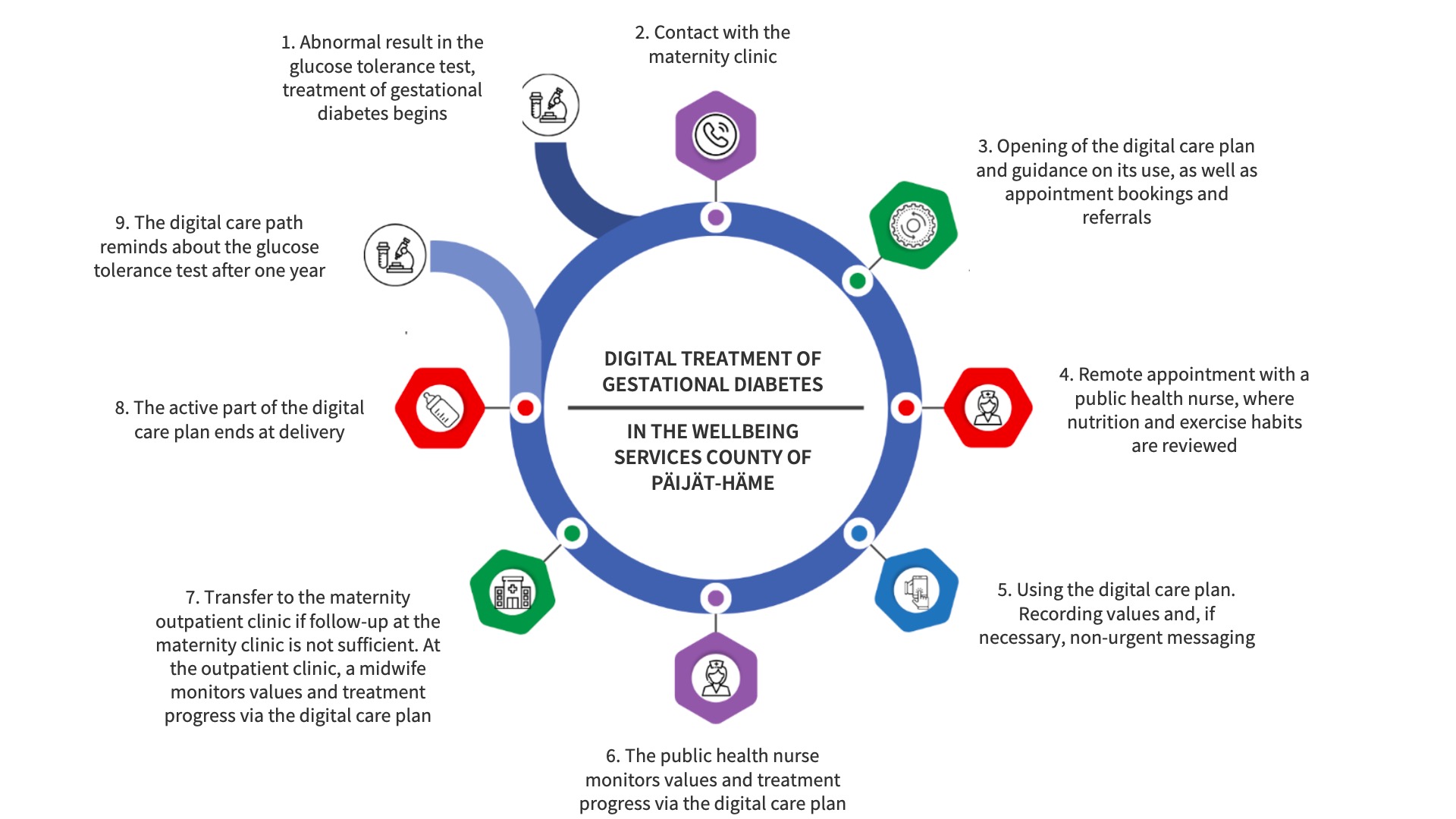 Digital care pathway for gestational diabetes in Wellbeing services county of Päijät-Häme showing steps from diagnosis to follow-up after delivery.