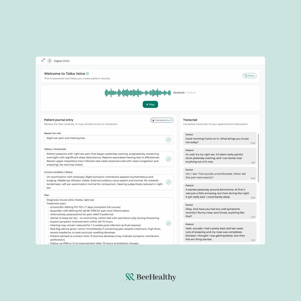 BeeHealthy's Taika Voice ambient AI documentation tool